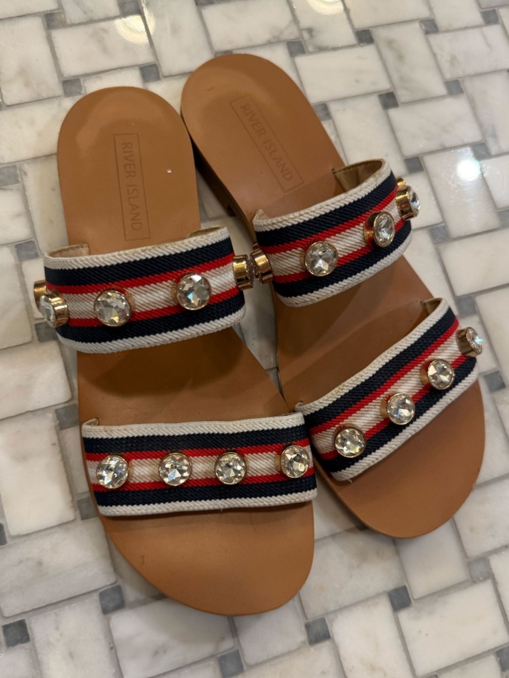 River Island Jeweled Striped Slide Sandals UK 6 / US 8 Rhinestone Embellished - Picture 2 of 6
